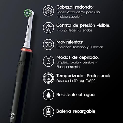 Oral B Cepillo de Dientes Eléctrico Recargable Pro 2000 + 1 Repuesto Sensi Ultrafino + 1 Repuesto CrossAction, con Tecnología Braun, Cabezal Redondo y Mango Ergonómico